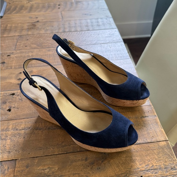 Stuart Weitzman Navy suede Wedge Sandal heels size 8 - Picture 5 of 8
